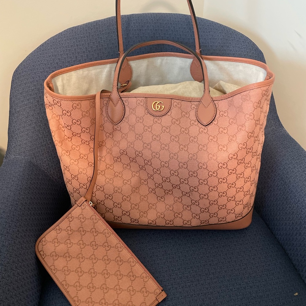 Gucci Pink GG Supreme Canvas Tote with Matching Pouch and Tan Trim